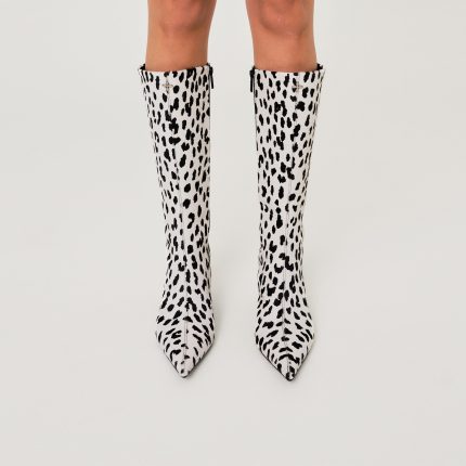 COMPASS RIVET Leather High Heel Boots White Leopard