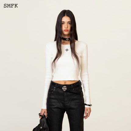 Compass Cross Rib Knit Top In White