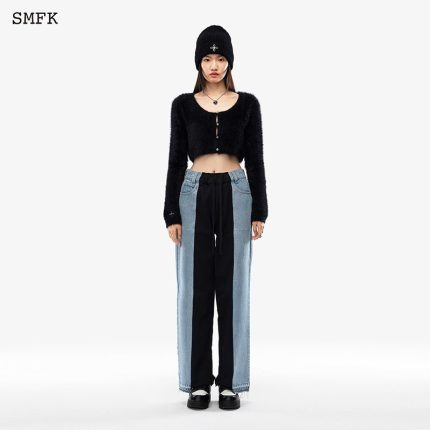 Skater Deconstructed Wide Leg Jeans Blue And Black