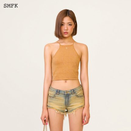 Temple Traditional Plain Knitted Sling Vest Top Golden