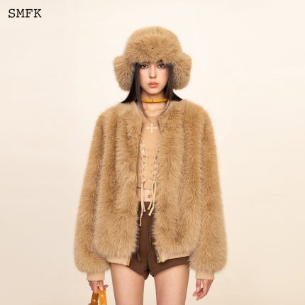WildWorld Baseball Faux Fur Jacket In Wheat